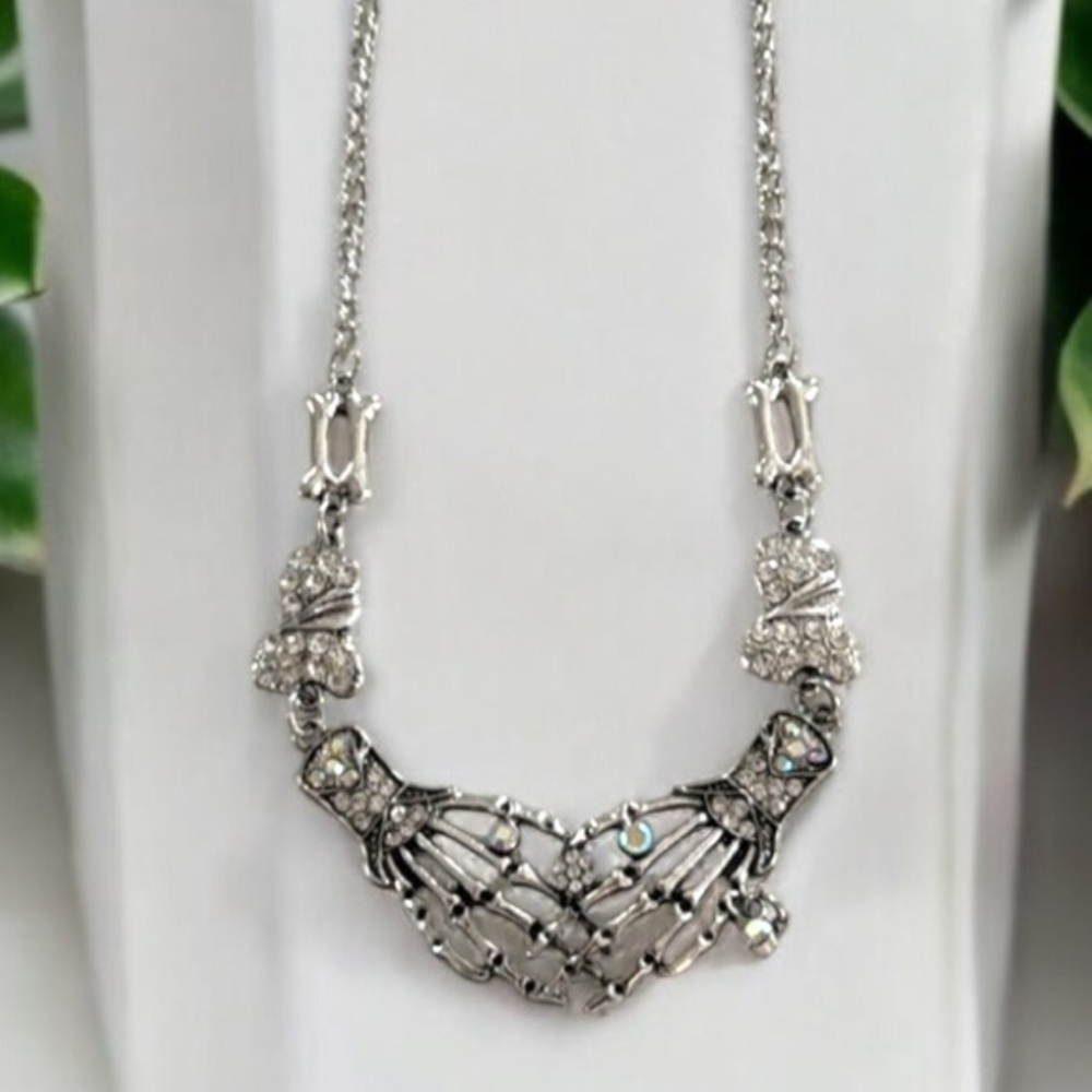 Skeleton Hands Necklace with Rhinestones Silver Chain